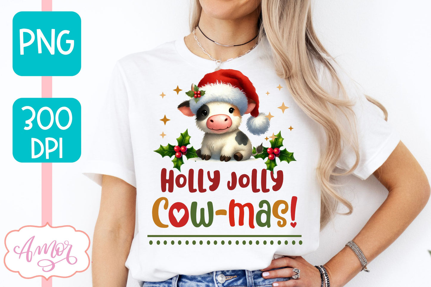 Holly Jolly cowmas PNG | Cute Christmas cow PNG sublimation