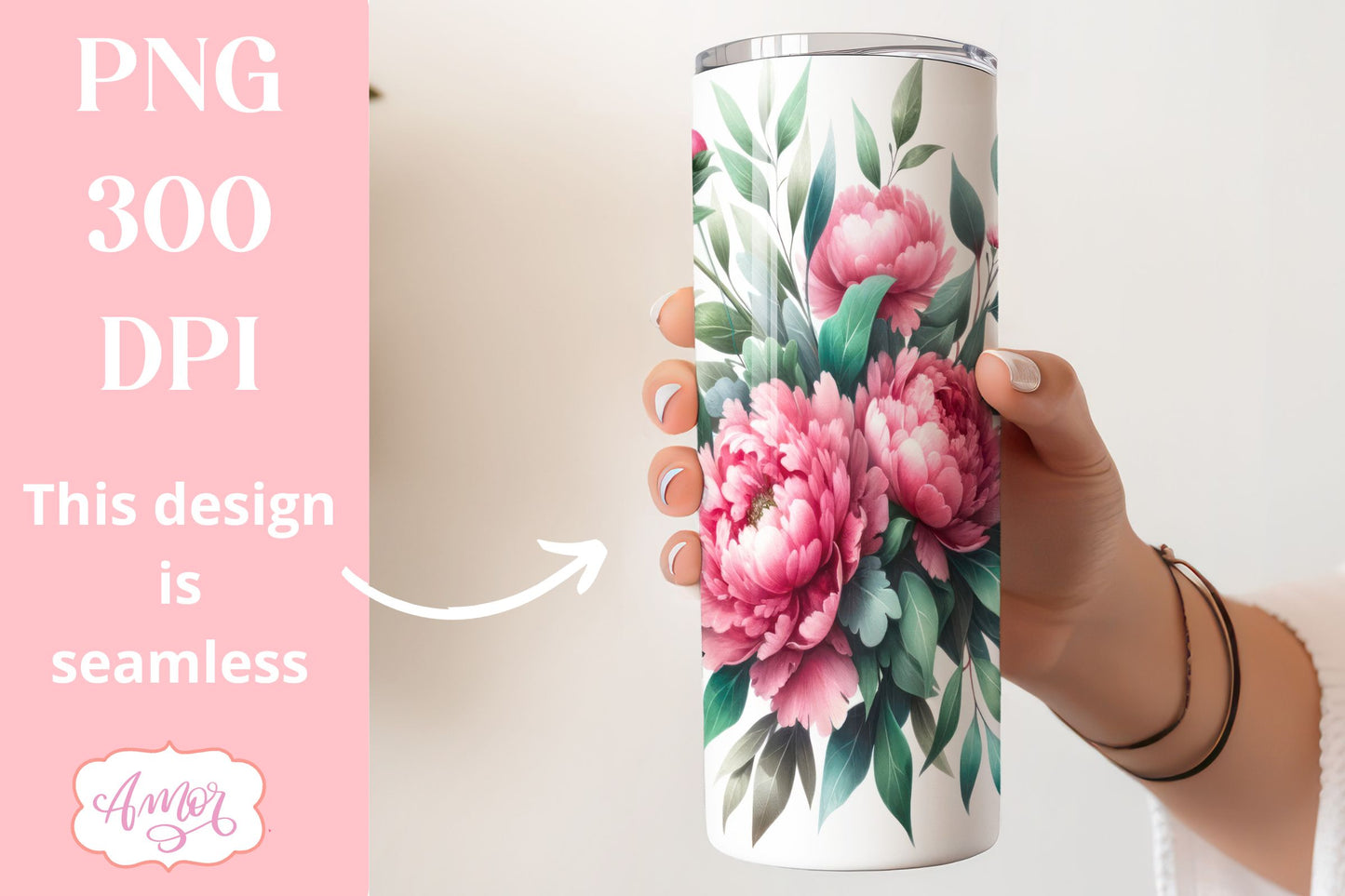 Pink Peony Tumbler Wrap PNG | Customizable tumbler template