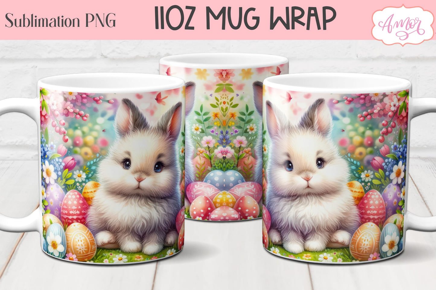 Easter Bunny Mug Wraps for Sublimation Bundle | 11oz mug PNG
