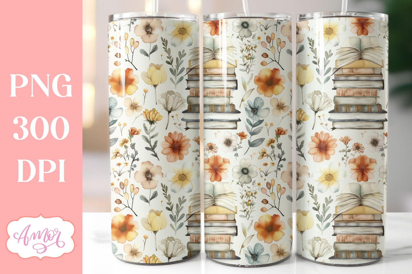 Book and flowers tumbler wrap PNG | Book lover tumbler bundle