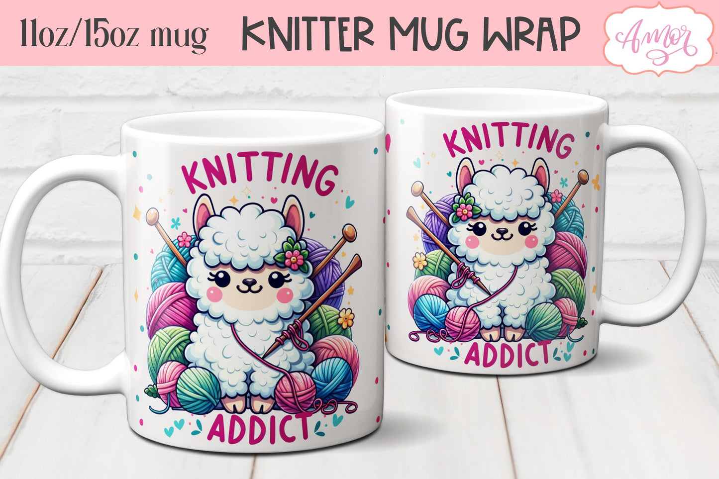 Knitting addict mug wrap PNG for sublimation | Knitter mug