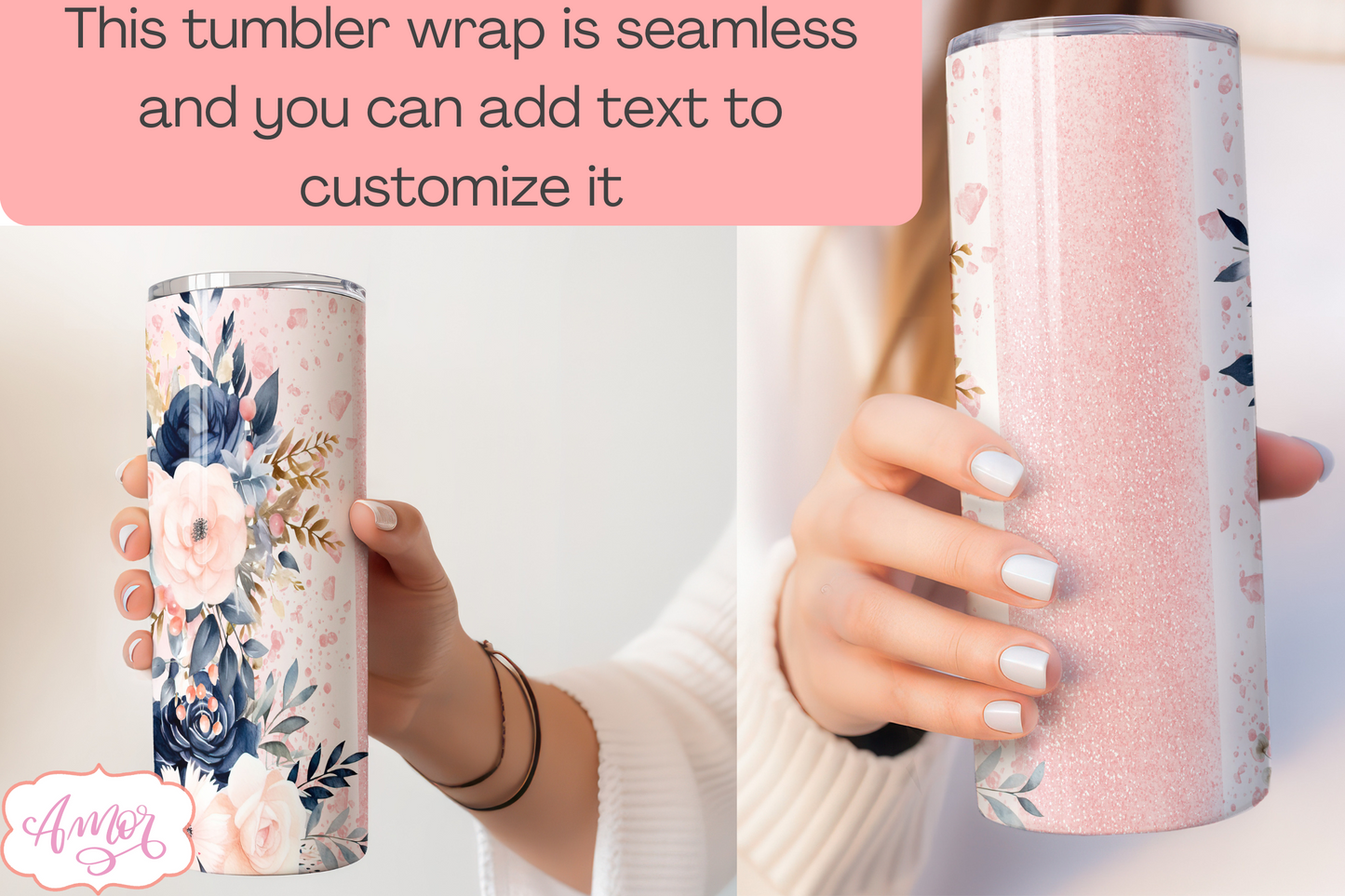 Navy and blush floral tumbler wrap sublimation PNG