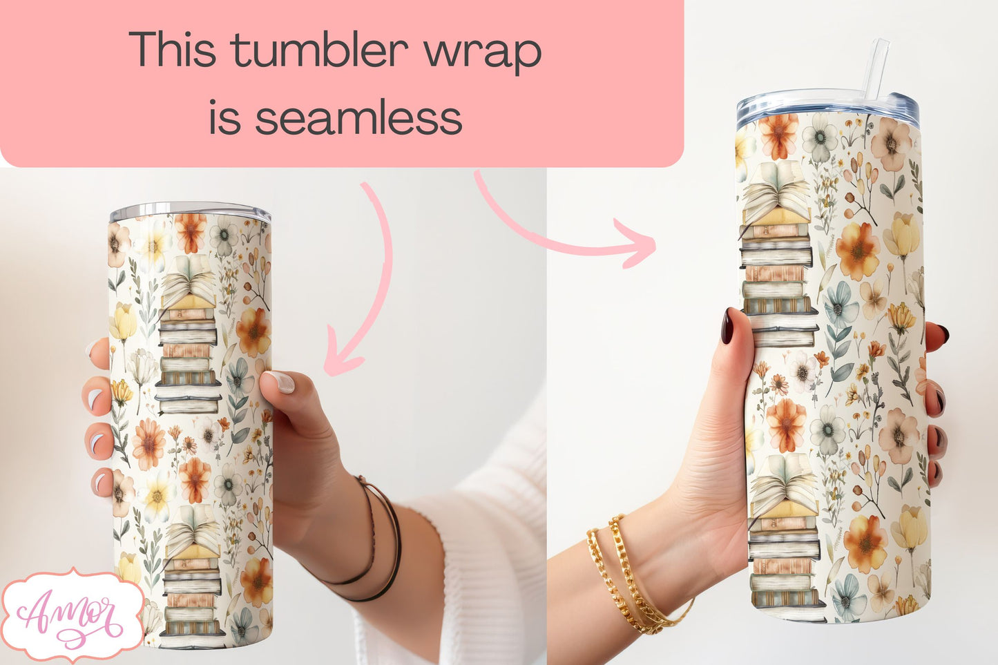 Book and flowers tumbler wrap PNG | Book lover tumbler bundle