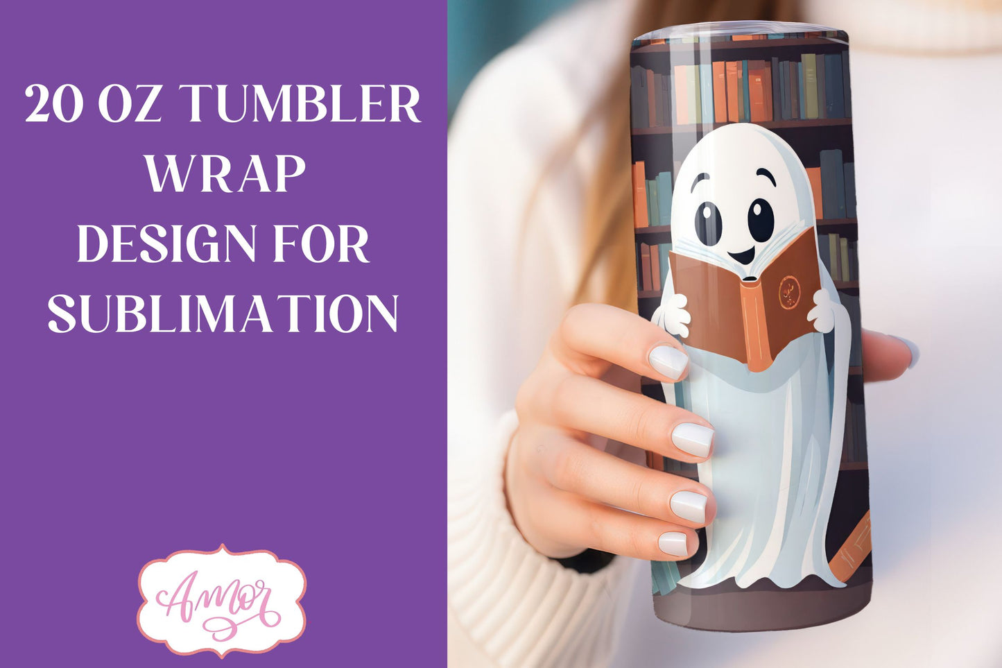 Cute ghost reading a book tumbler wrap PNG Sublimation