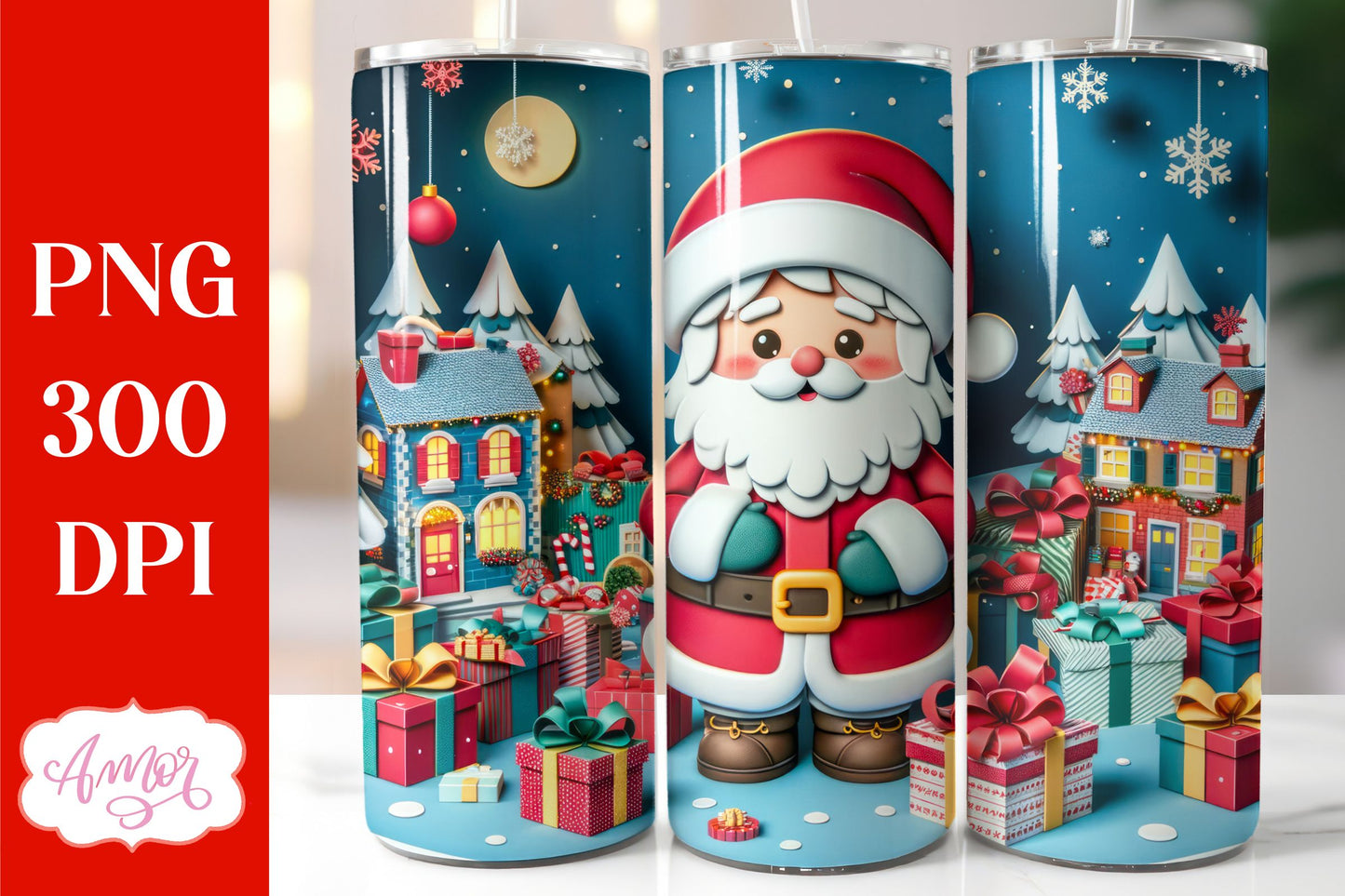 Christmas 3D tumbler wrap for sublimation | Santa tumbler PNG