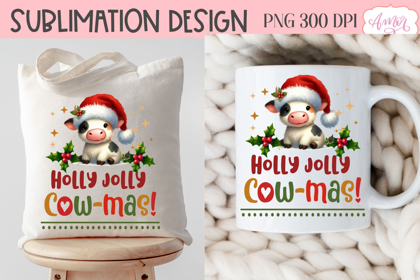 Holly Jolly cowmas PNG | Cute Christmas cow PNG sublimation