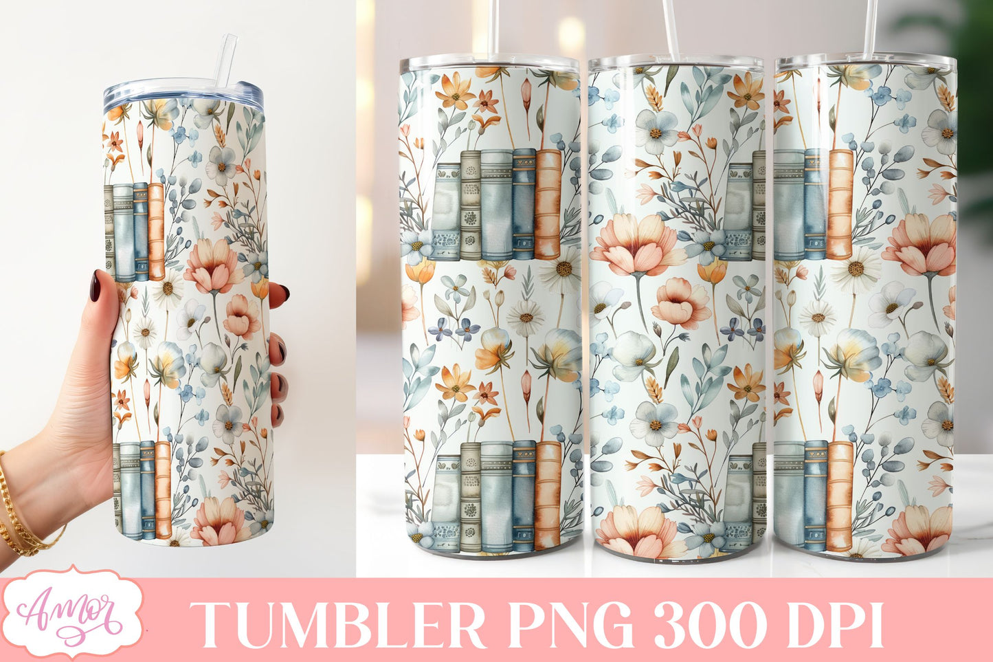 Book and flowers tumbler wrap PNG | Book lover tumbler bundle