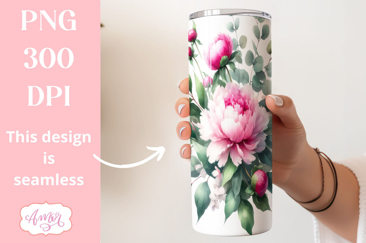 Pink Peony Tumbler Wrap PNG | Customizable tumbler template
