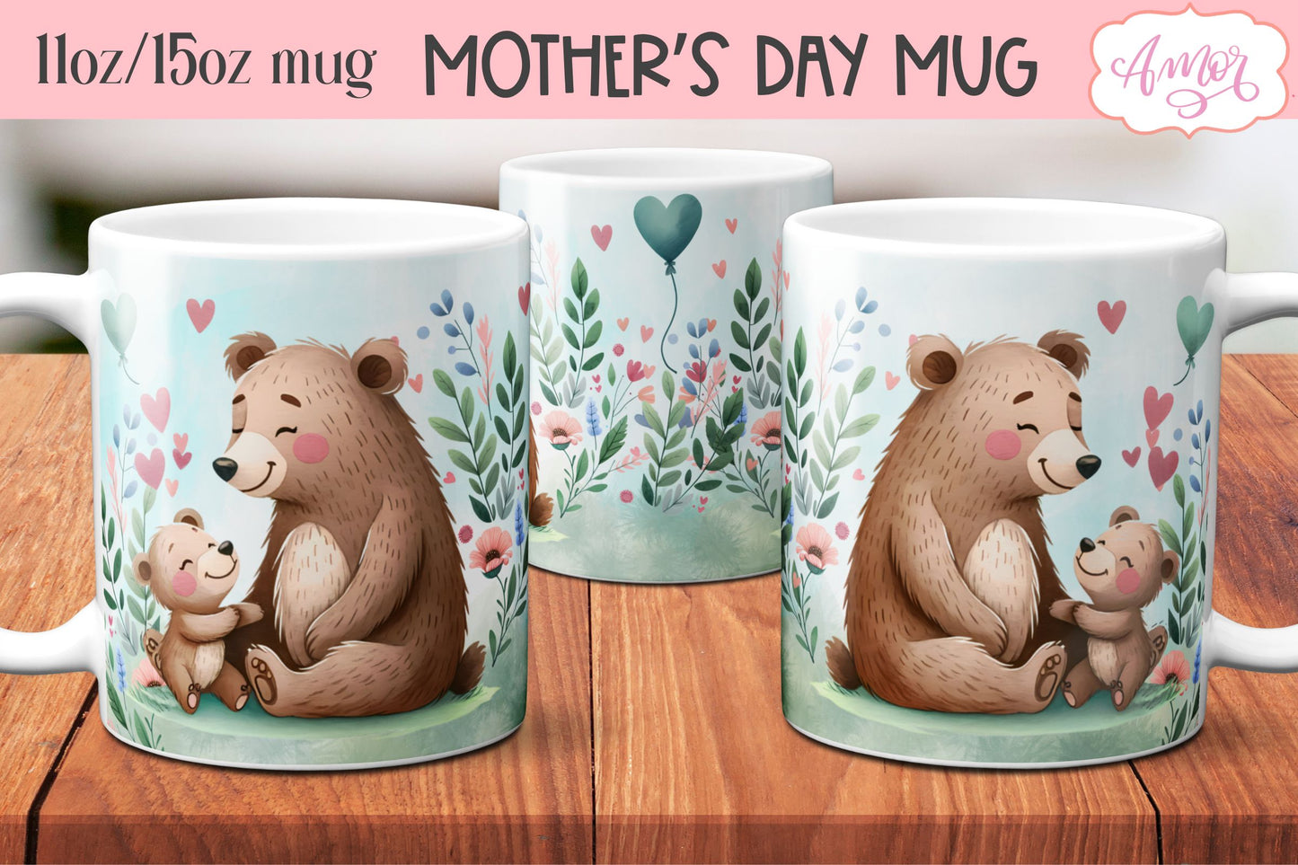 Cute bear mama mug wrap | Mother's day mug PNG BUNDLE