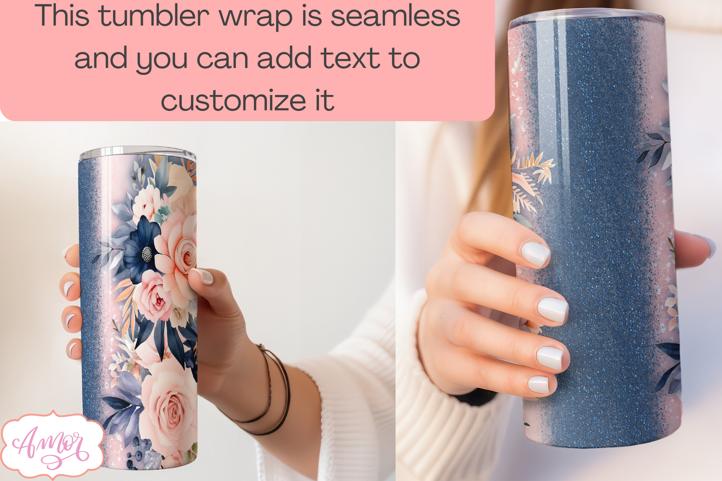 Navy and blush floral tumbler wrap sublimation PNG