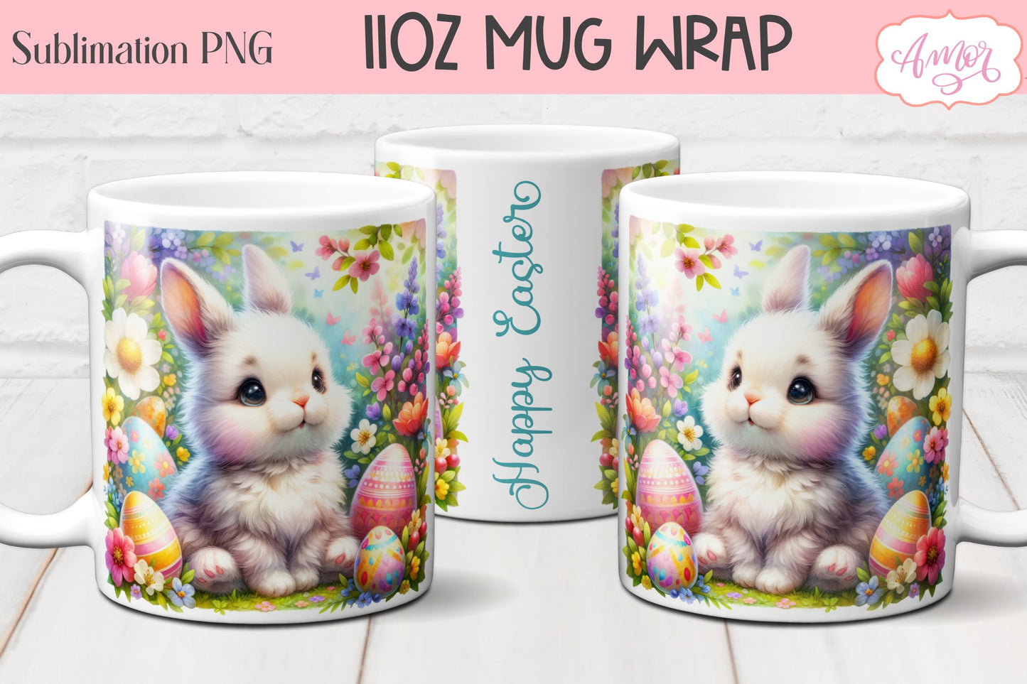 Easter Bunny Mug Wraps for Sublimation Bundle | 11oz mug PNG