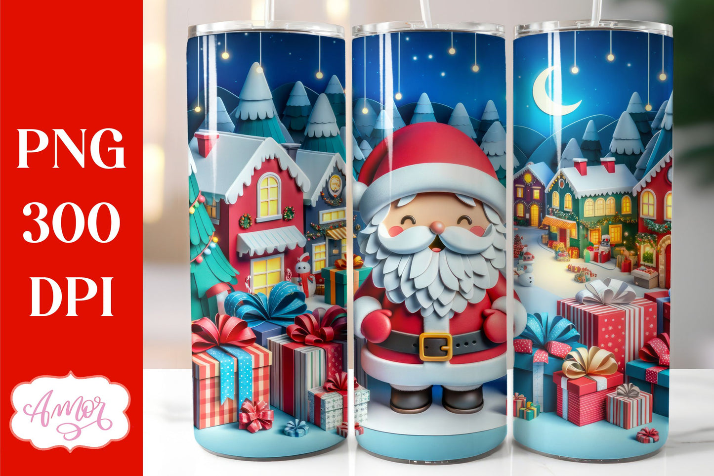 Christmas 3D tumbler wrap for sublimation | Santa tumbler PNG