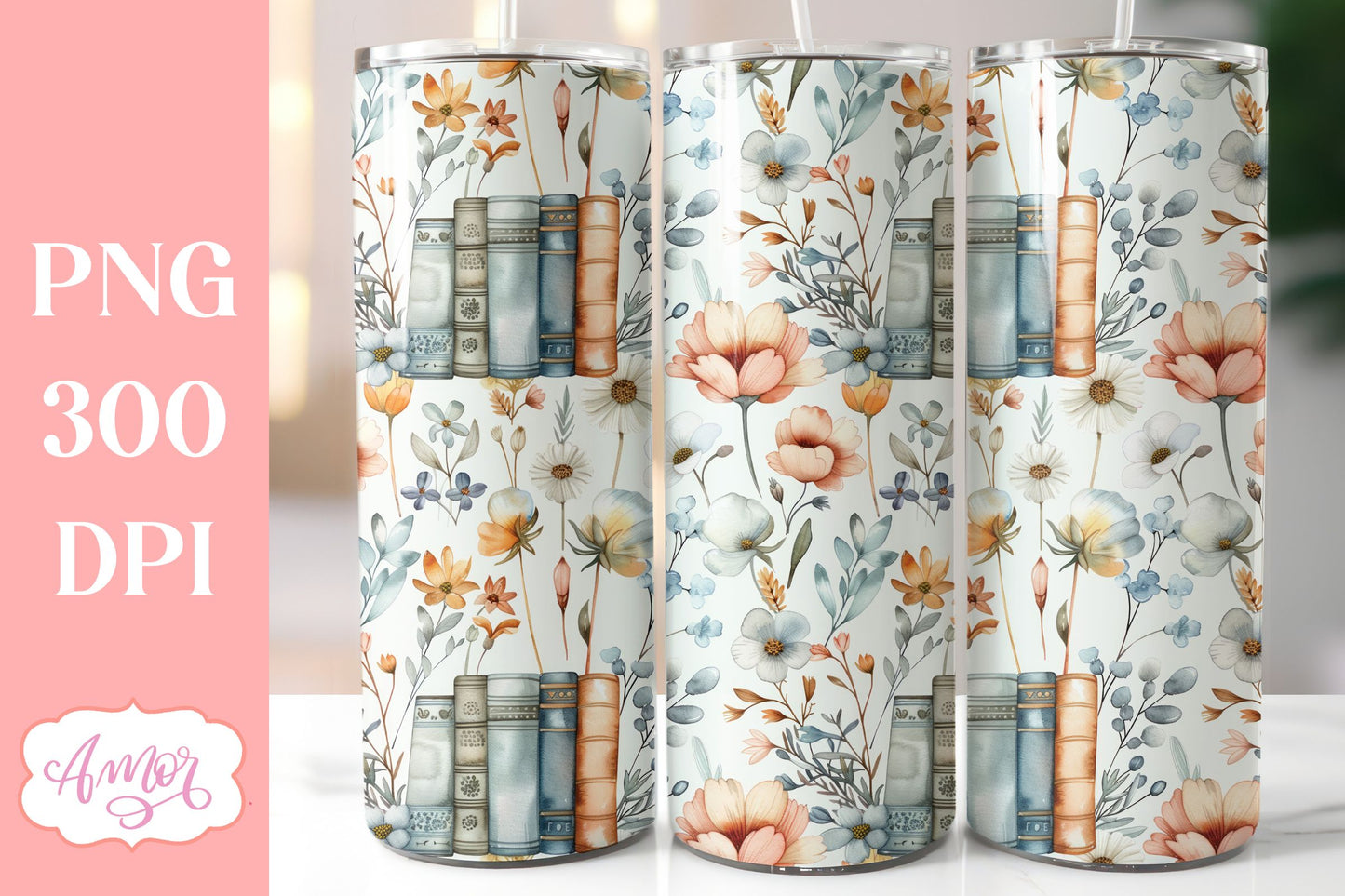 Book and flowers tumbler wrap PNG | Book lover tumbler bundle