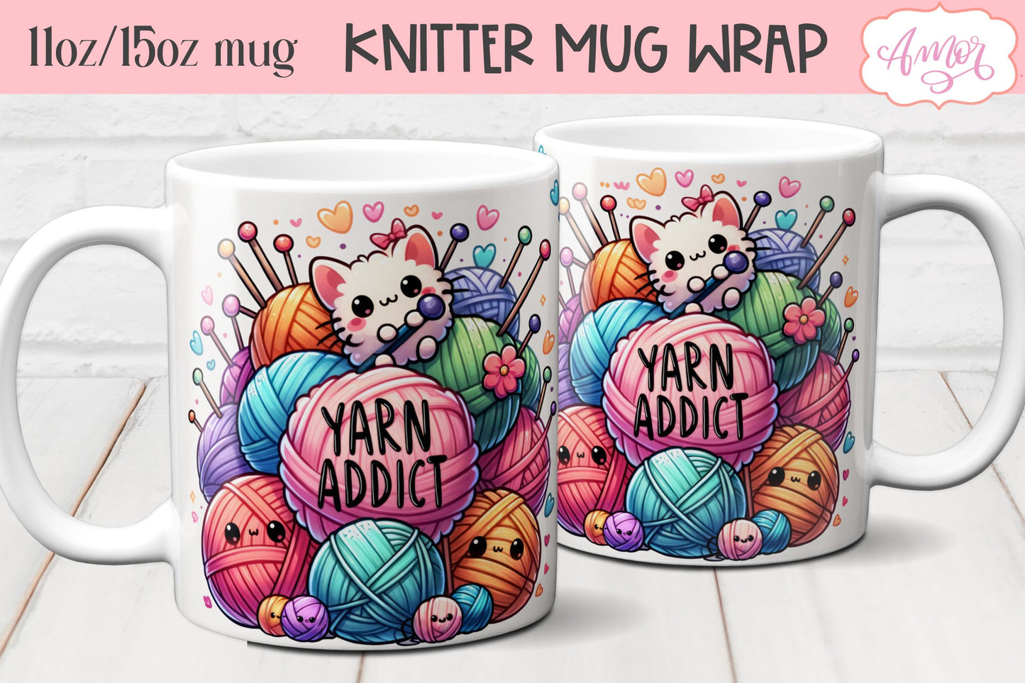 Yarn addict mug wrap PNG for sublimation | Knitter mug