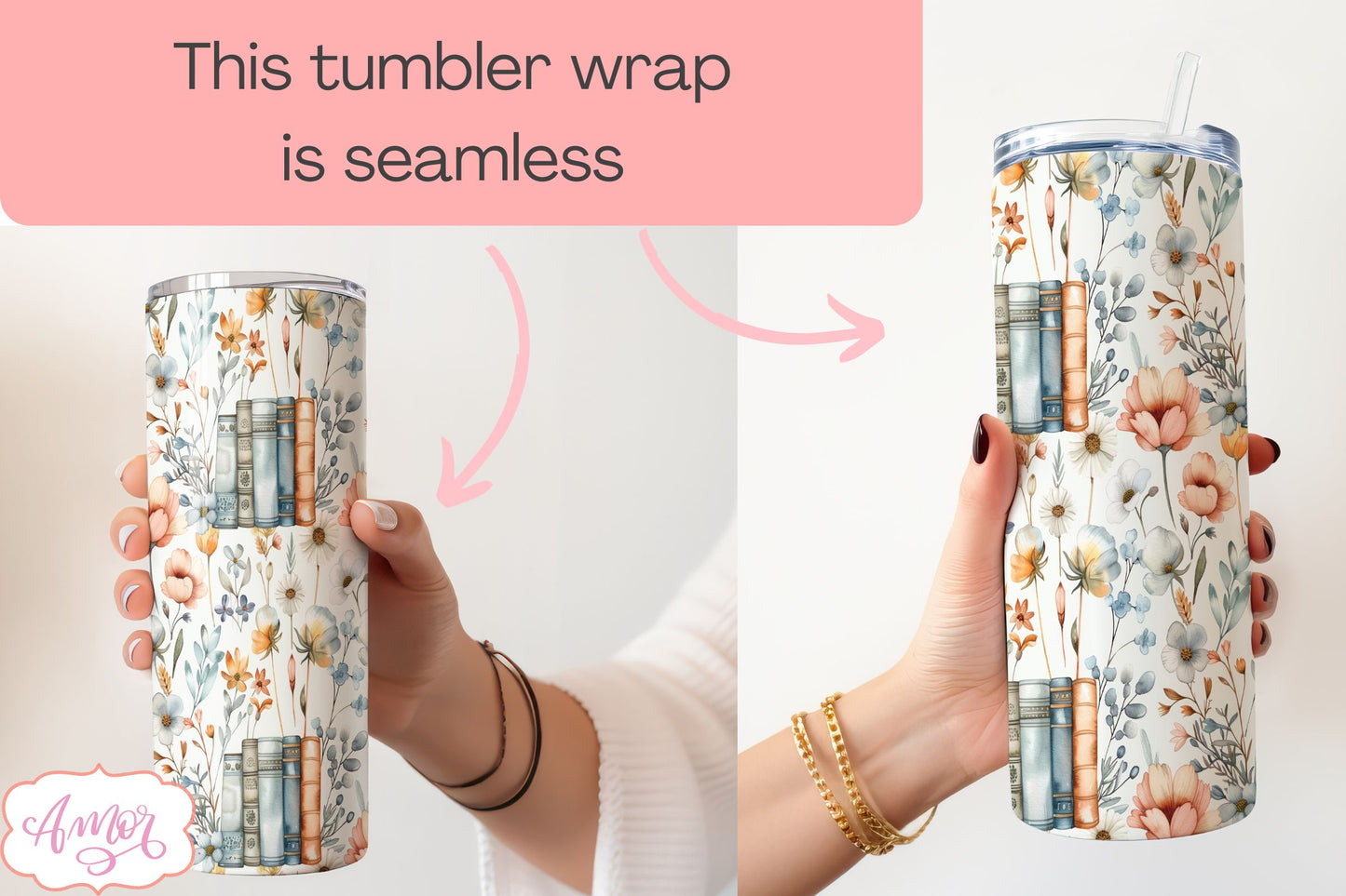 Book and flowers tumbler wrap PNG | Book lover tumbler bundle