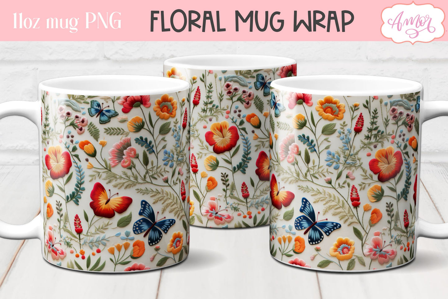 3D embroidery flowers mug wrap design sublimation