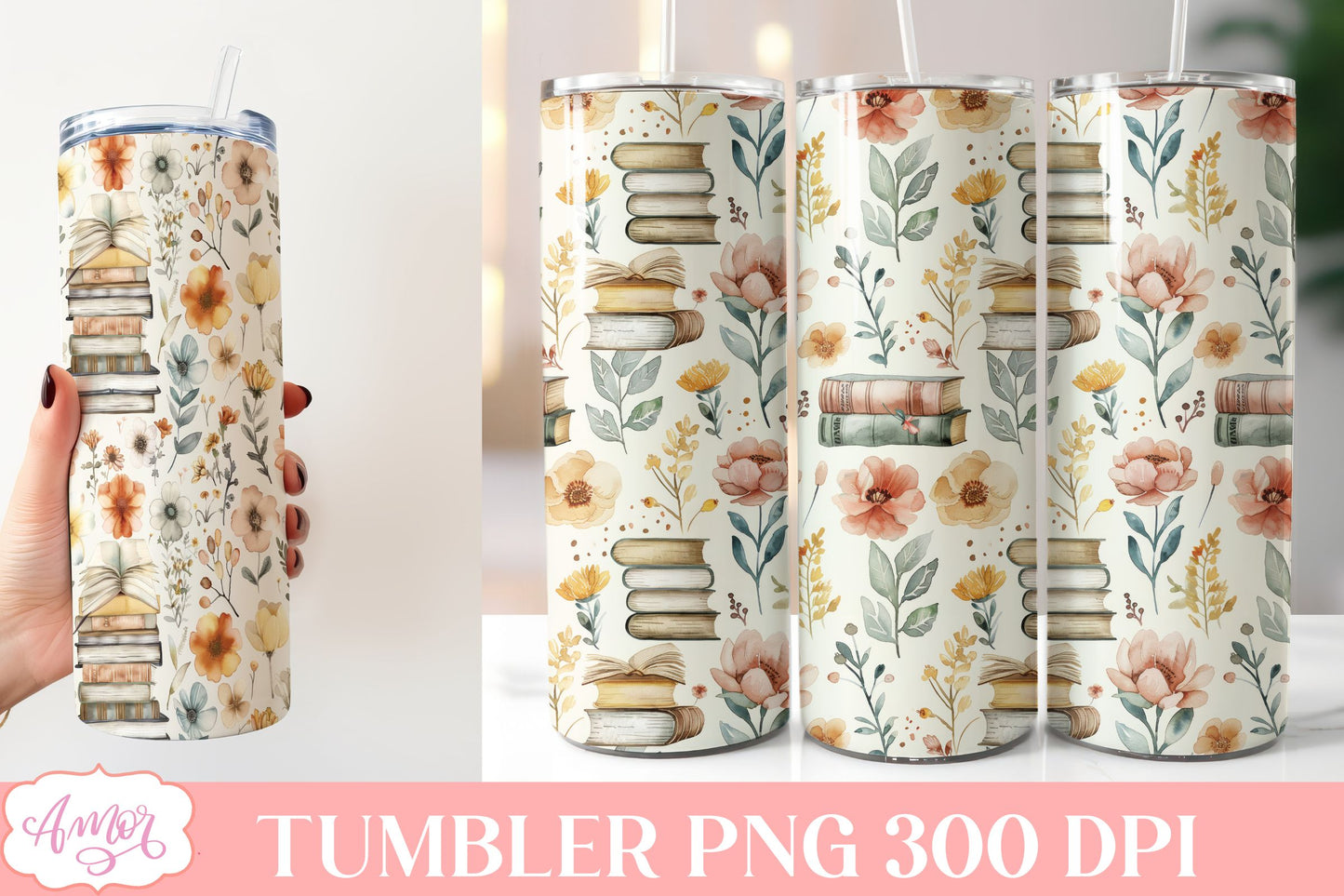 Book and flowers tumbler wrap PNG | Book lover tumbler bundle