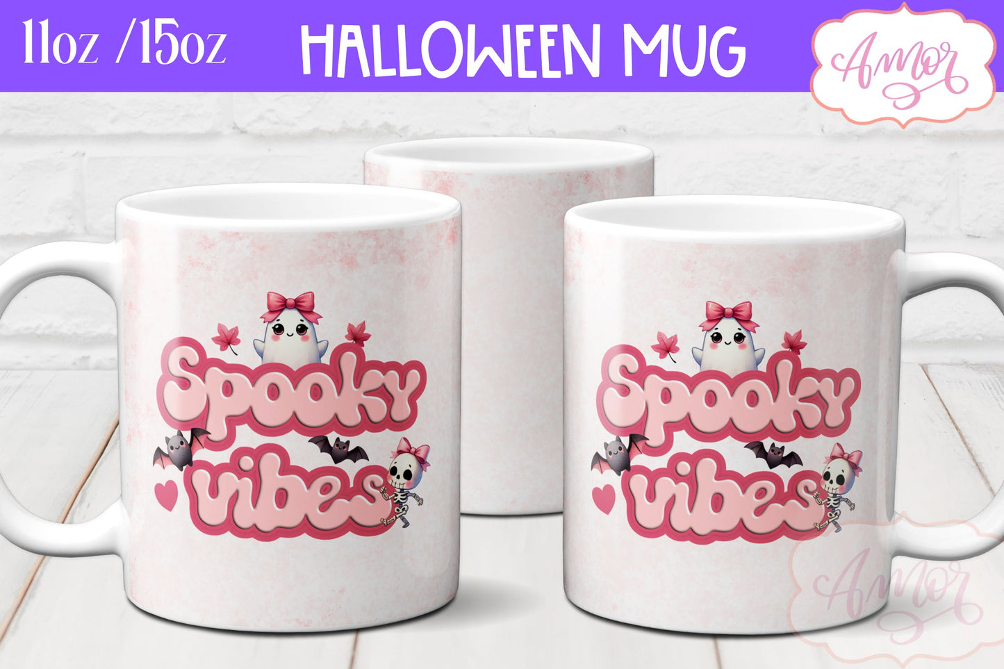 Pink Halloween mug wraps for sublimation PNG BUNDLE