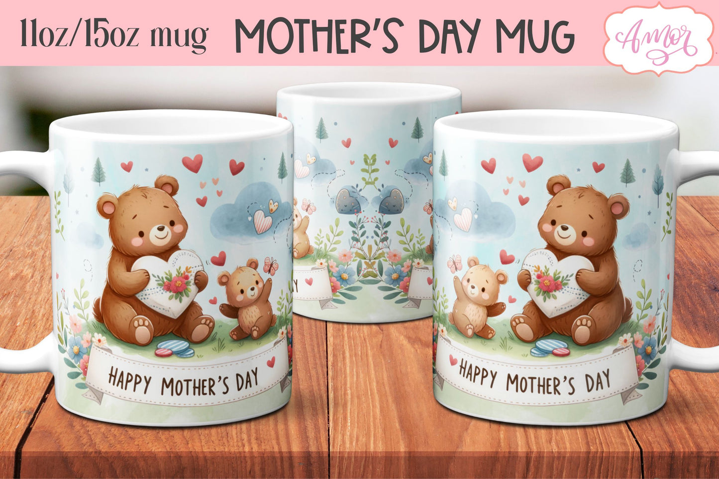 Cute bear mama mug wrap | Mother's day mug PNG BUNDLE