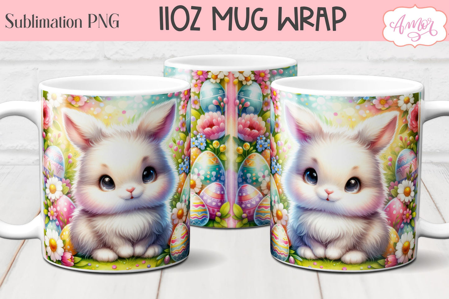 Easter Bunny Mug Wraps for Sublimation Bundle | 11oz mug PNG