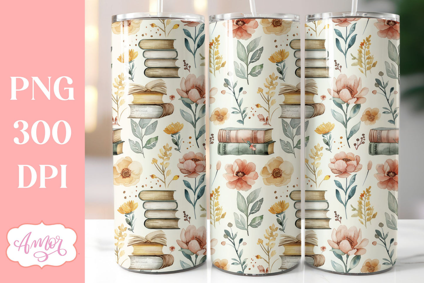Book and flowers tumbler wrap PNG | Book lover tumbler bundle