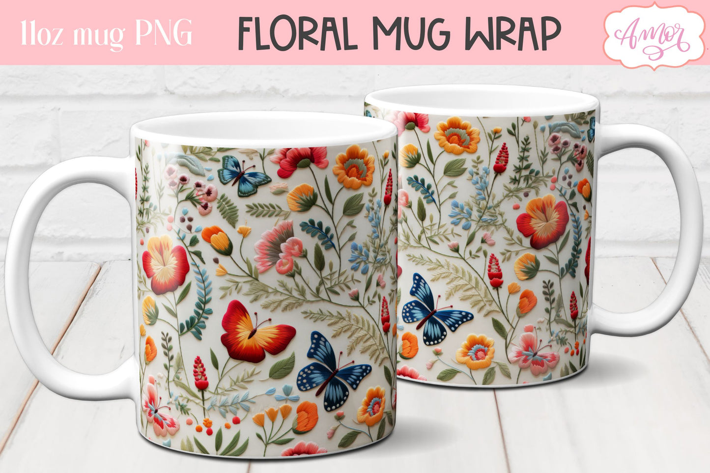 3D embroidery flowers mug wrap design sublimation
