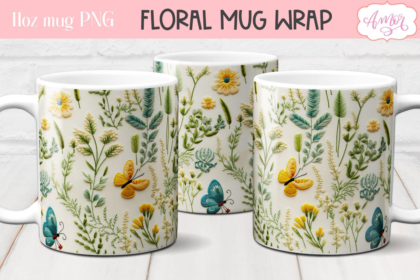 3D embroidery flowers mug wrap design sublimation