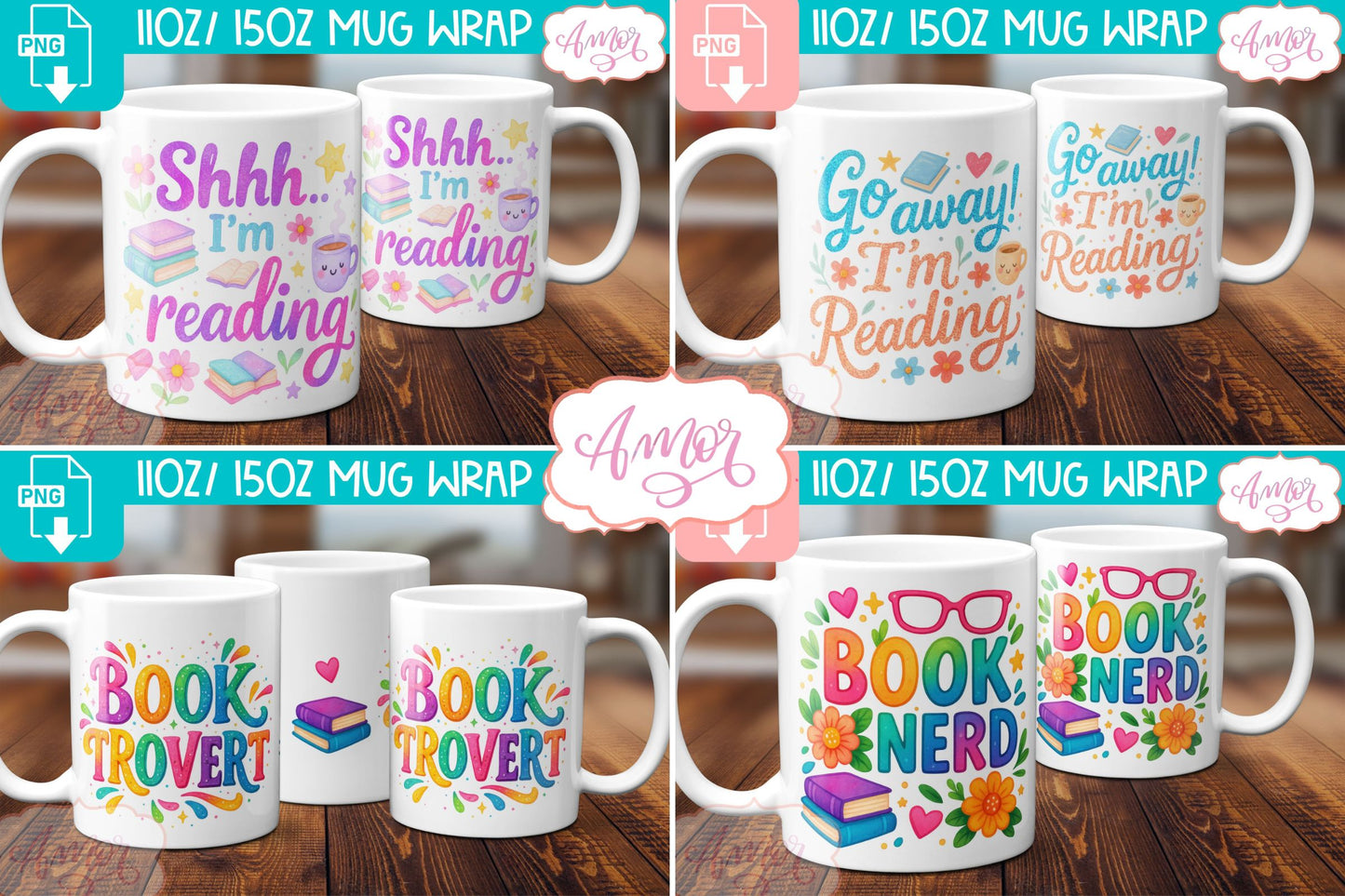 Book lover mug wrap sublimation PNG BUNDLE, book nerd mugs