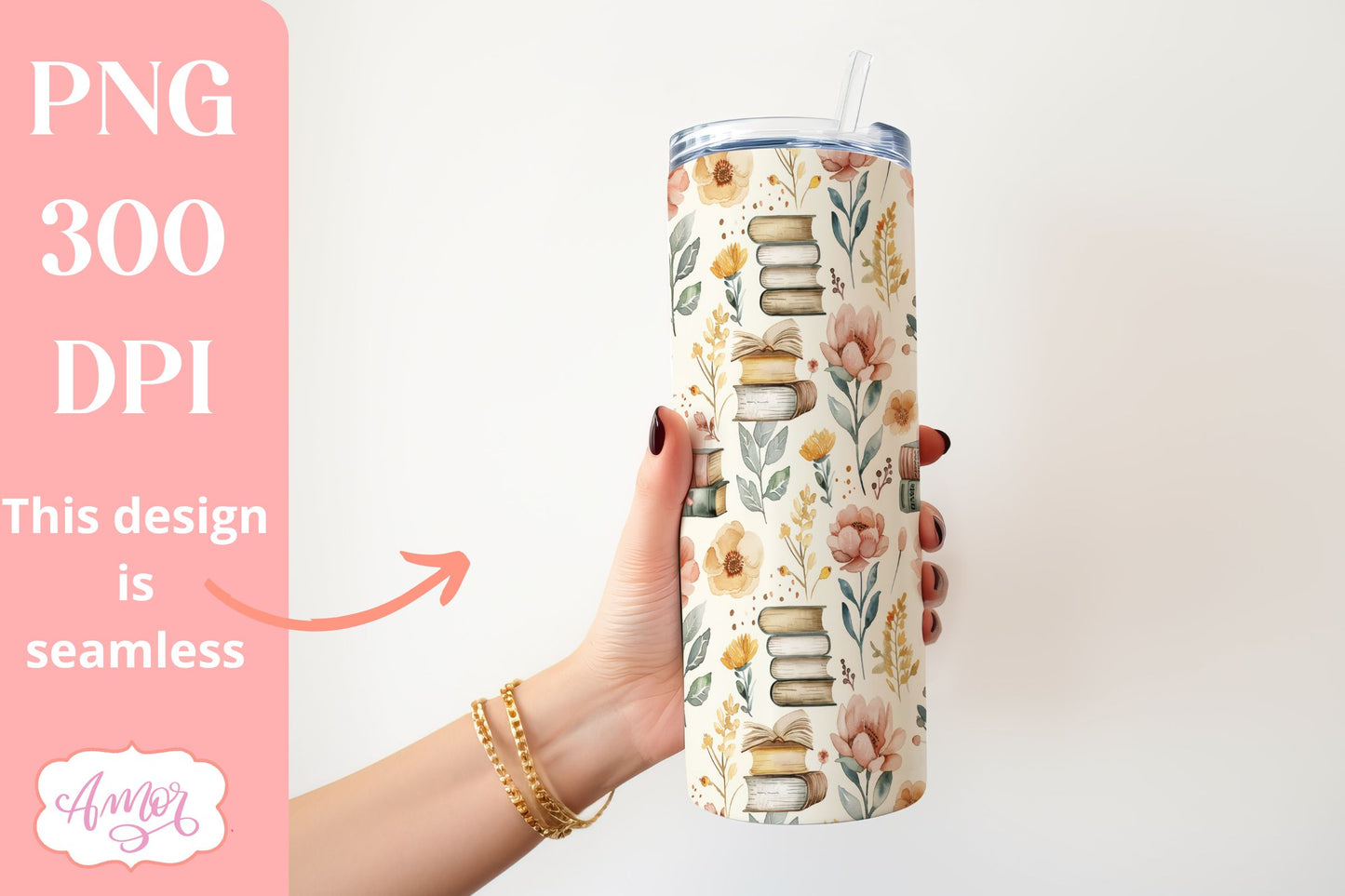 Book and flowers tumbler wrap PNG | Book lover tumbler bundle
