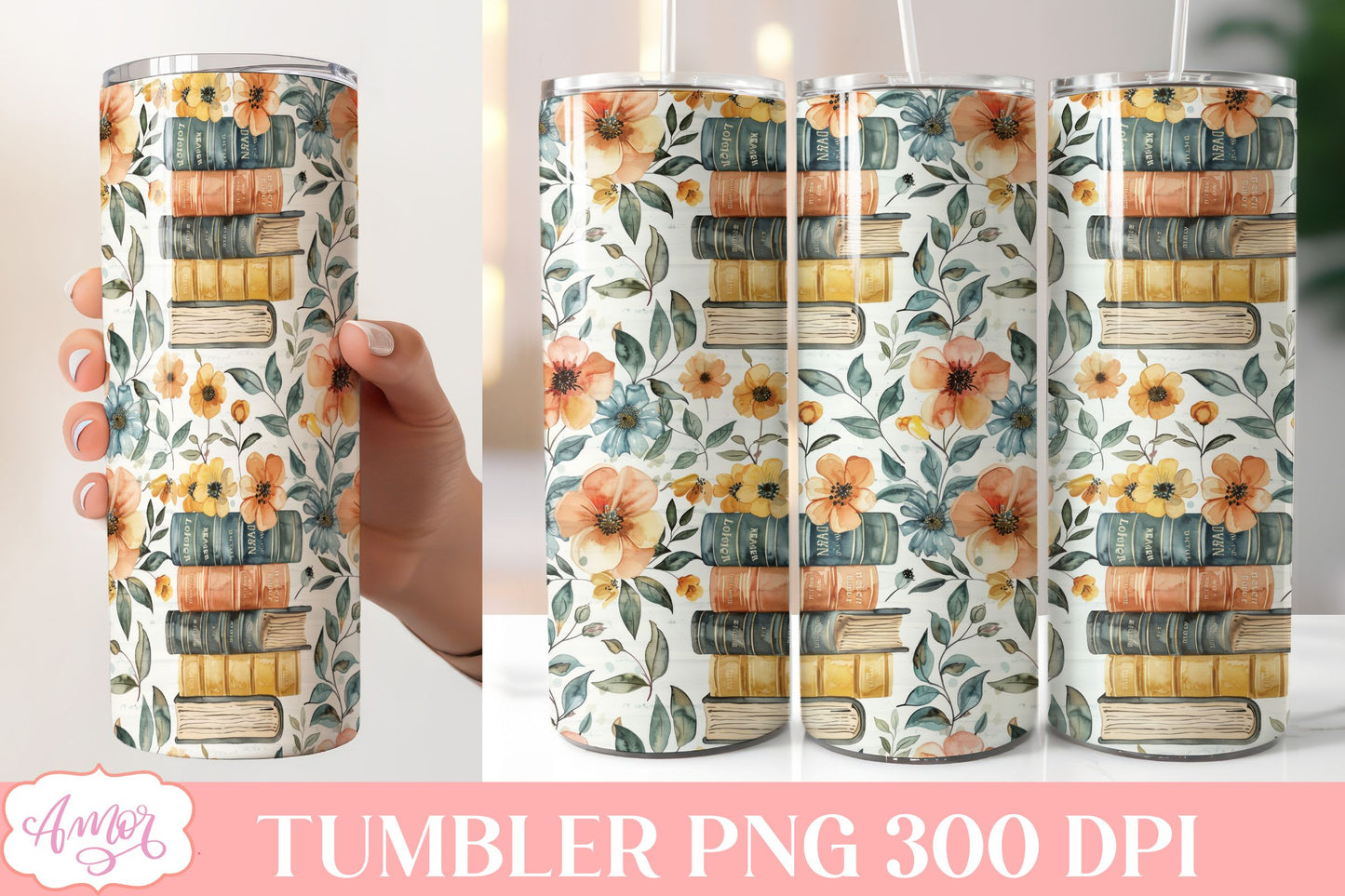 Book and flowers tumbler wrap PNG | Book lover tumbler bundle