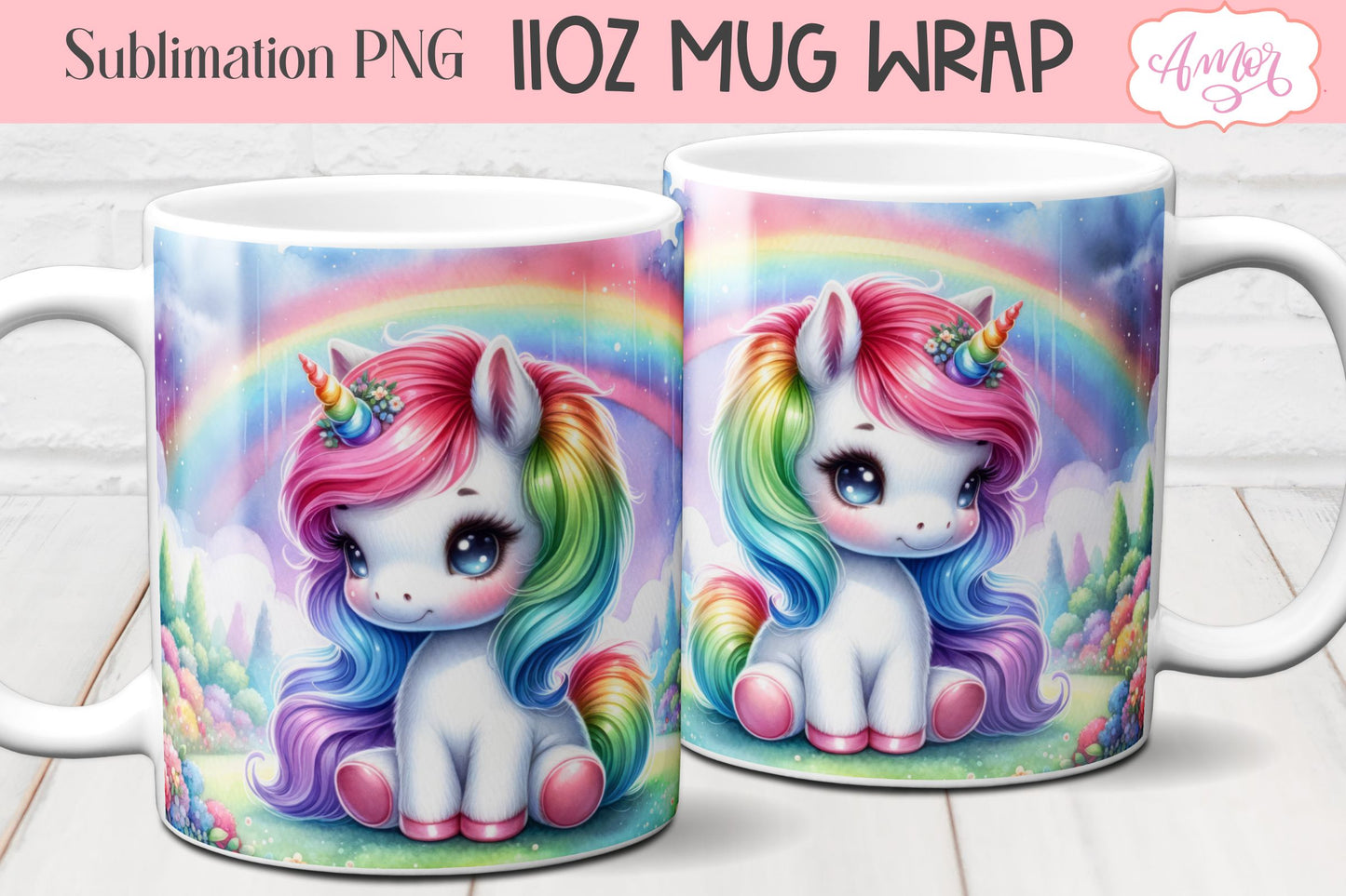 Magical Unicorn mug wraps for sublimation | Rainbow mug PNG