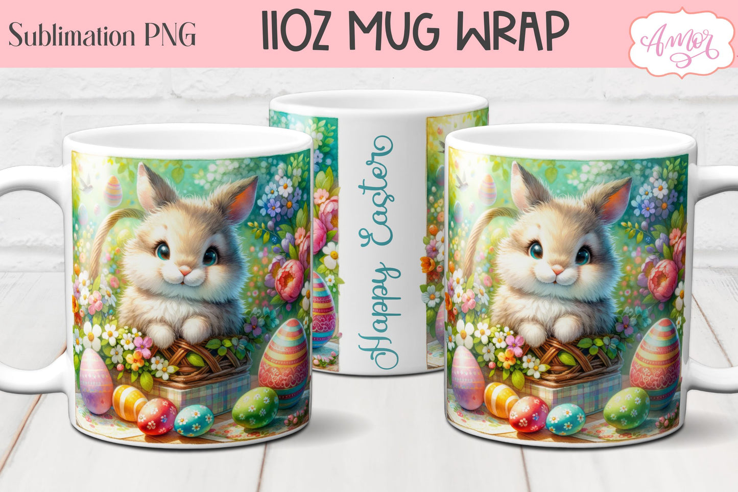 Easter Bunny Mug Wraps for Sublimation Bundle | 11oz mug PNG