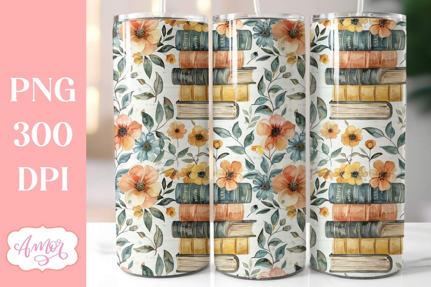 Book and flowers tumbler wrap PNG | Book lover tumbler bundle