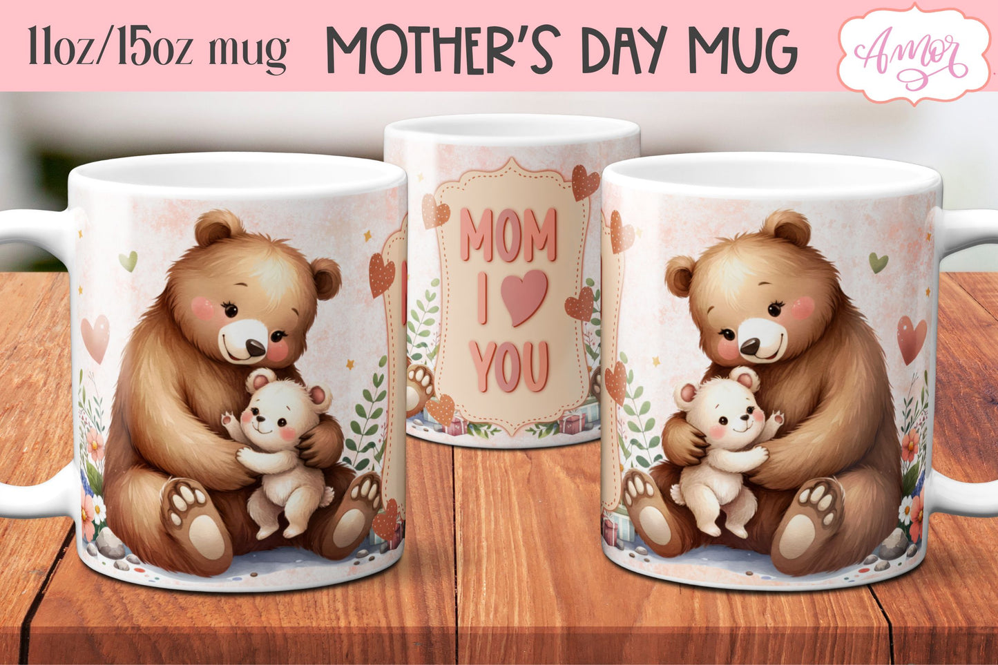 Cute bear mama mug wrap | Mother's day mug PNG BUNDLE