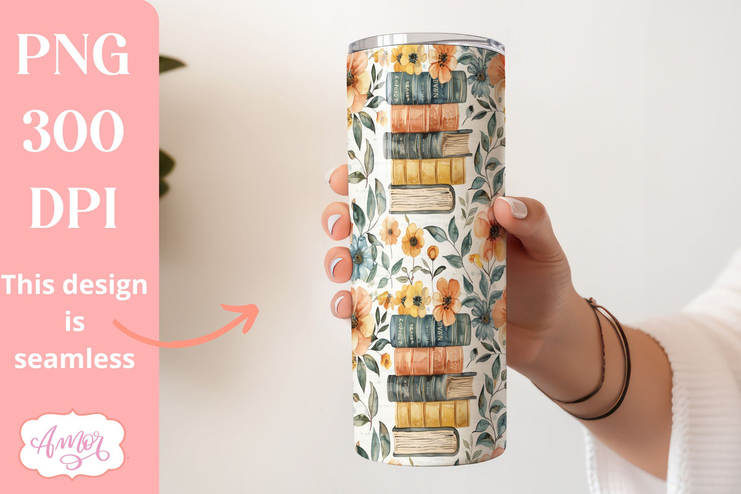 Book and flowers tumbler wrap PNG | Book lover tumbler bundle