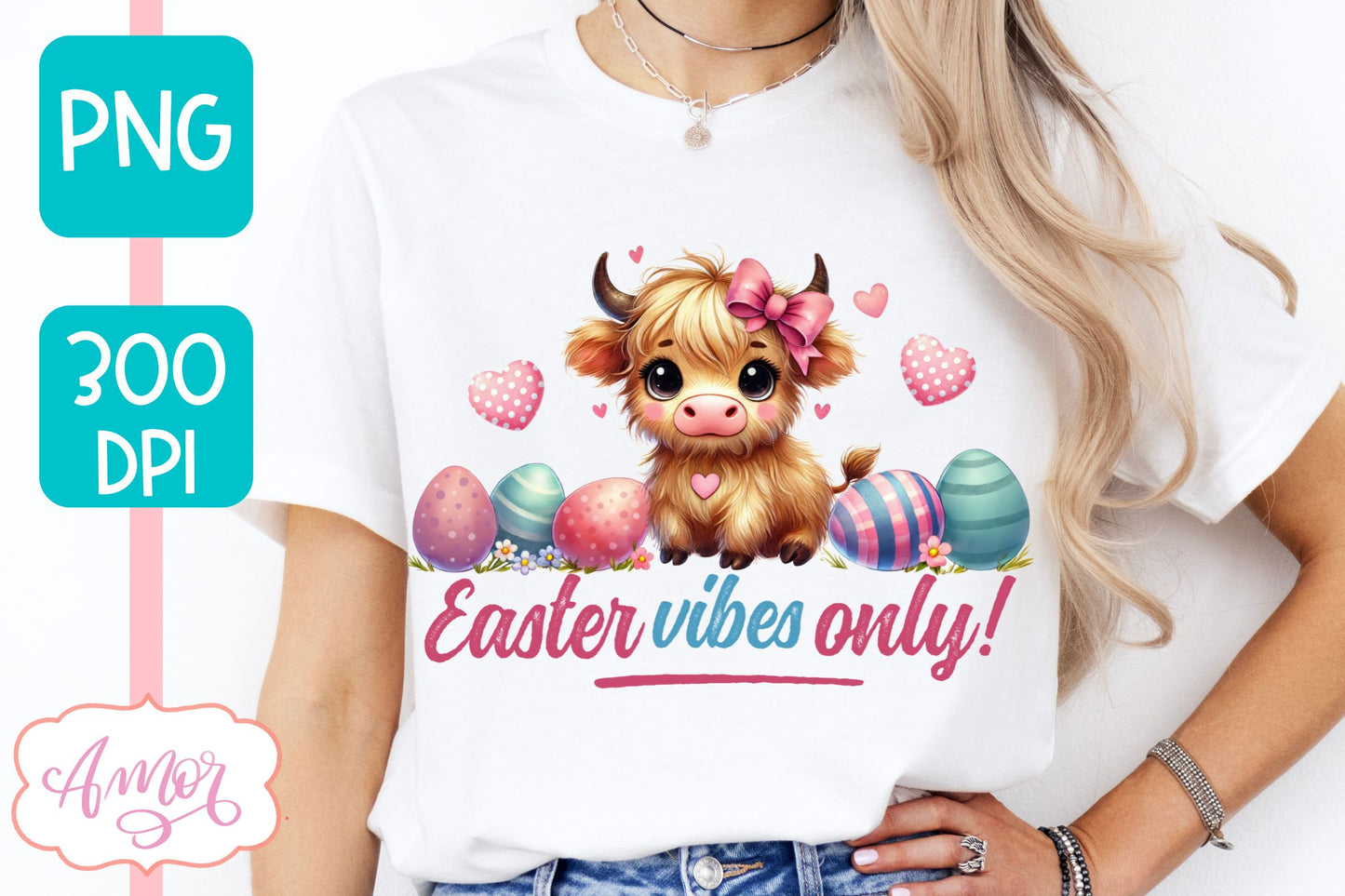 Easter vibes sublimation PNG | Cute highland cow PNG design