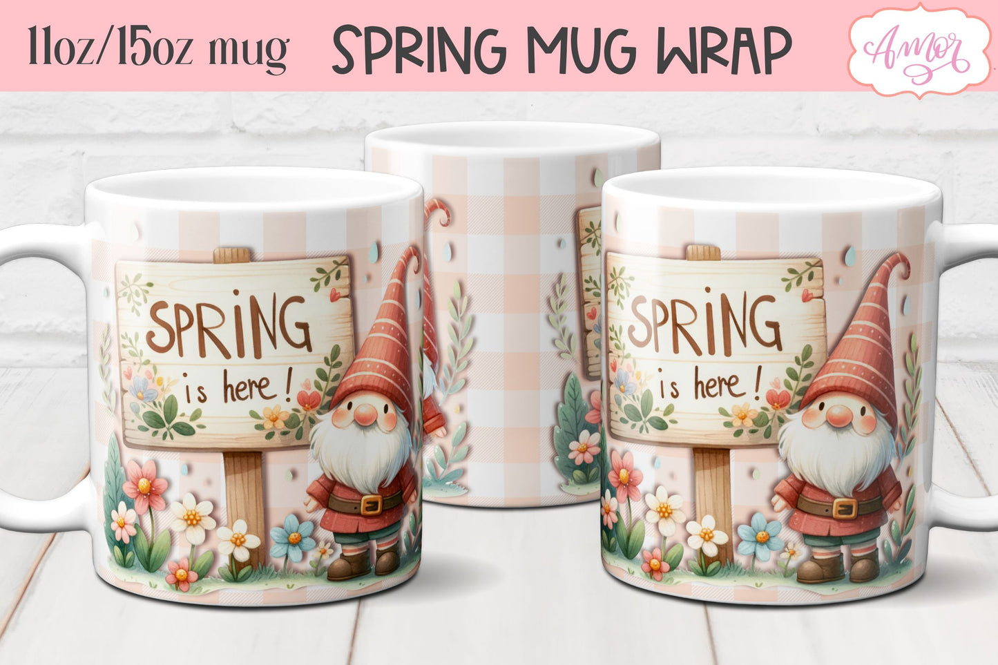 BUNDLE Spring Gnome Mug Wraps for Sublimation 11oz 15oz