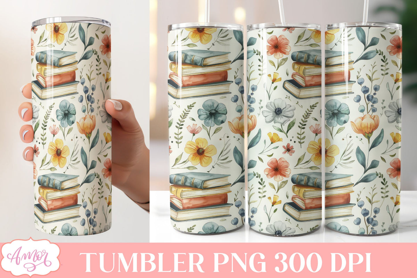 Book and flowers tumbler wrap PNG | Book lover tumbler bundle
