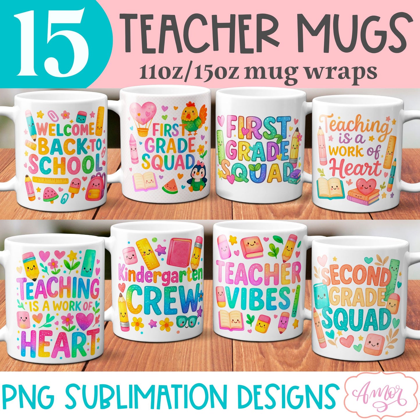 BUNDLE Cute Teacher mug Wraps PNG, cute school mugs template
