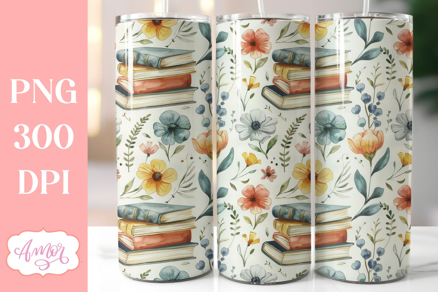 Book and flowers tumbler wrap PNG | Book lover tumbler bundle