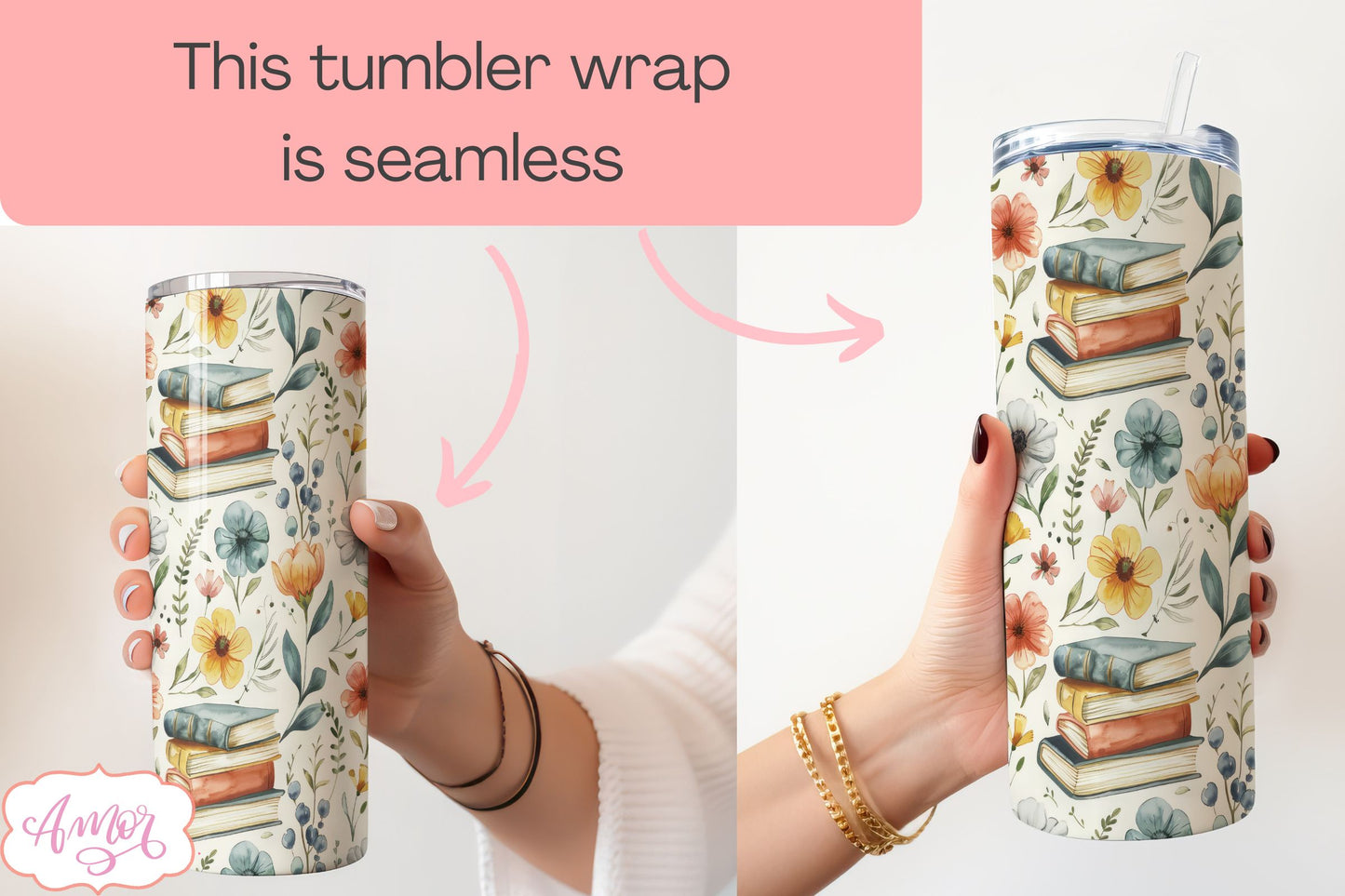 Book and flowers tumbler wrap PNG | Book lover tumbler bundle