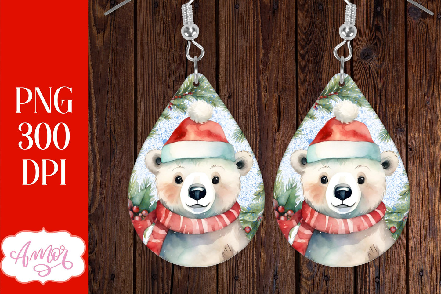 Christmas teardrop earring sublimation design with Polar bears