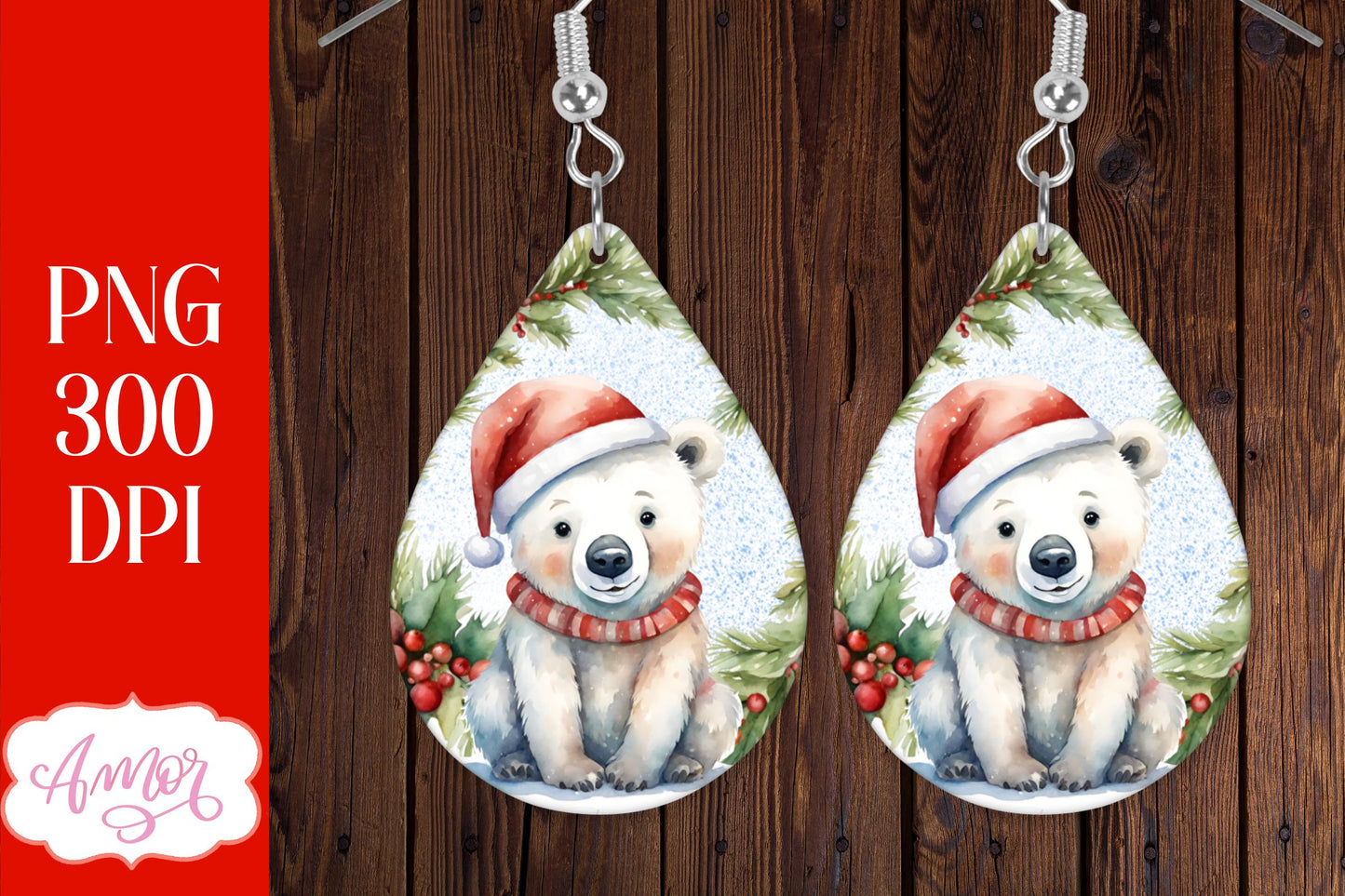 Christmas teardrop earring sublimation design with Polar bears