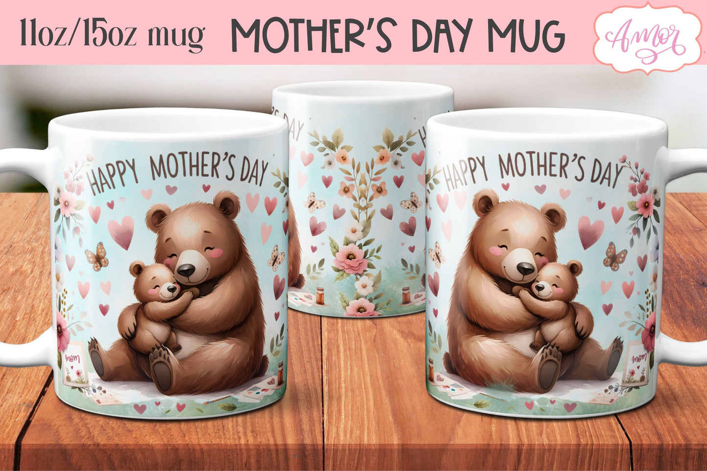 Cute bear mama mug wrap | Mother's day mug PNG BUNDLE
