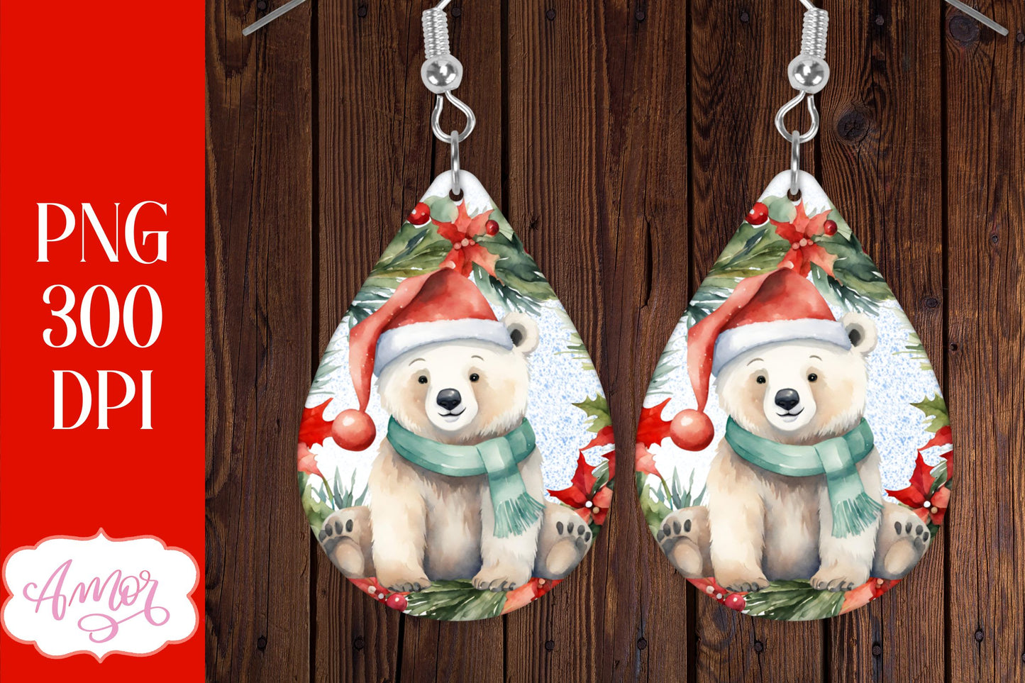 Christmas teardrop earring sublimation design with Polar bears