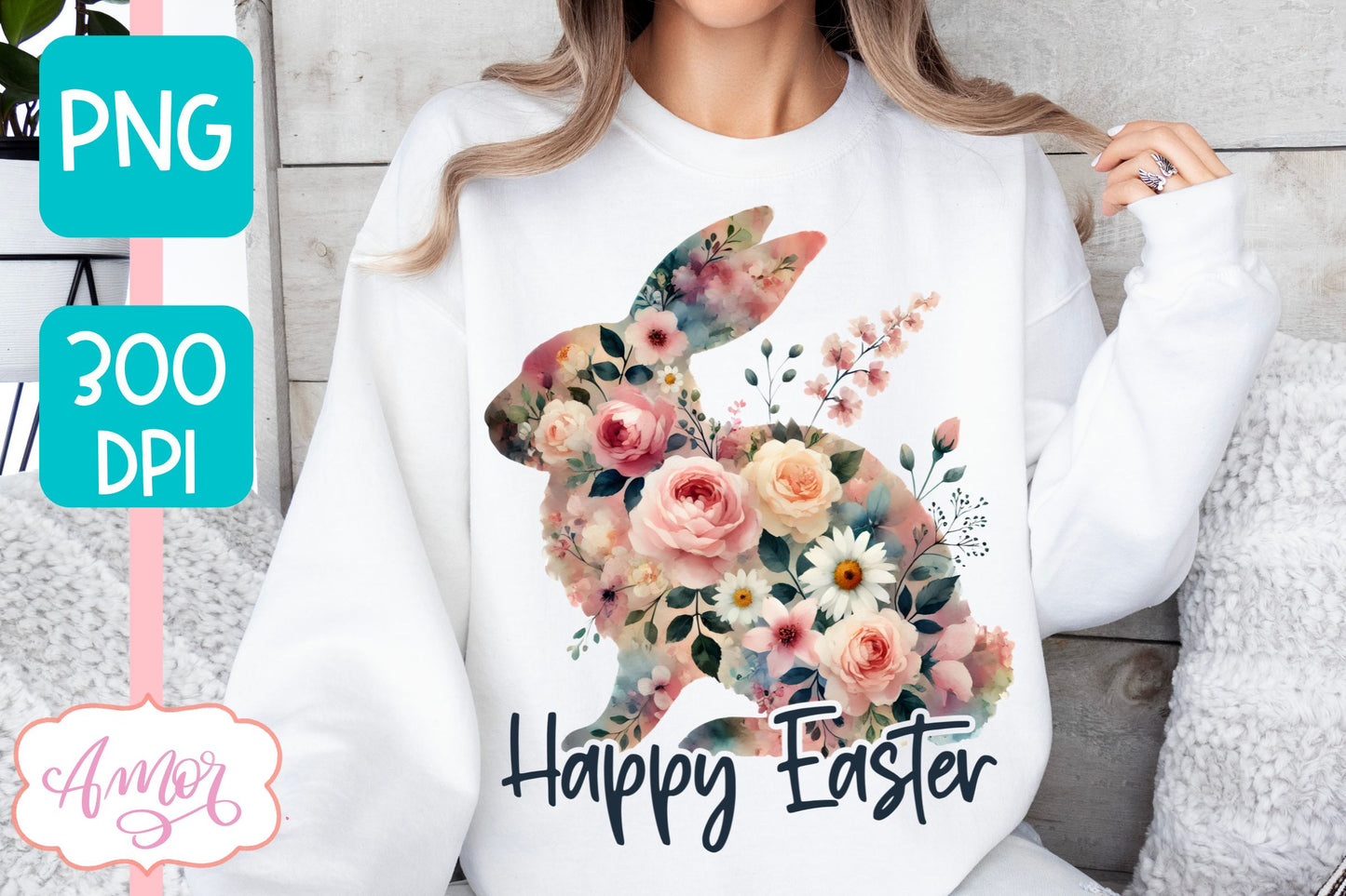 Floral Easter sublimation PNG | Easter bunny PNG design