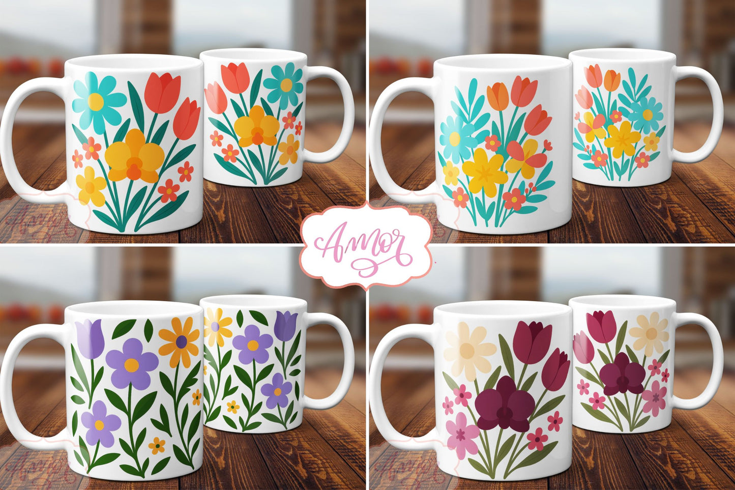 Bundle Spring floral mug wraps sublimation, Colorful mug PNG