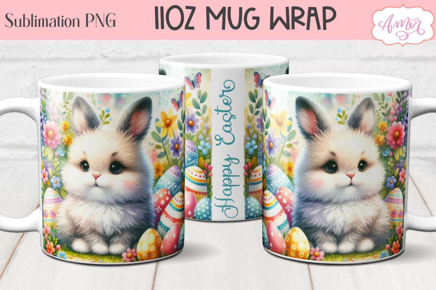 Easter Bunny Mug Wraps for Sublimation Bundle | 11oz mug PNG