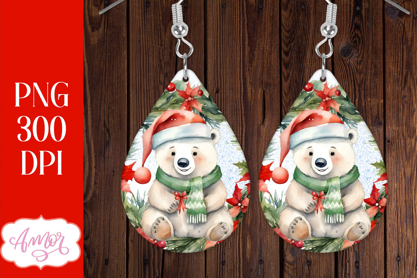 Christmas teardrop earring sublimation design with Polar bears
