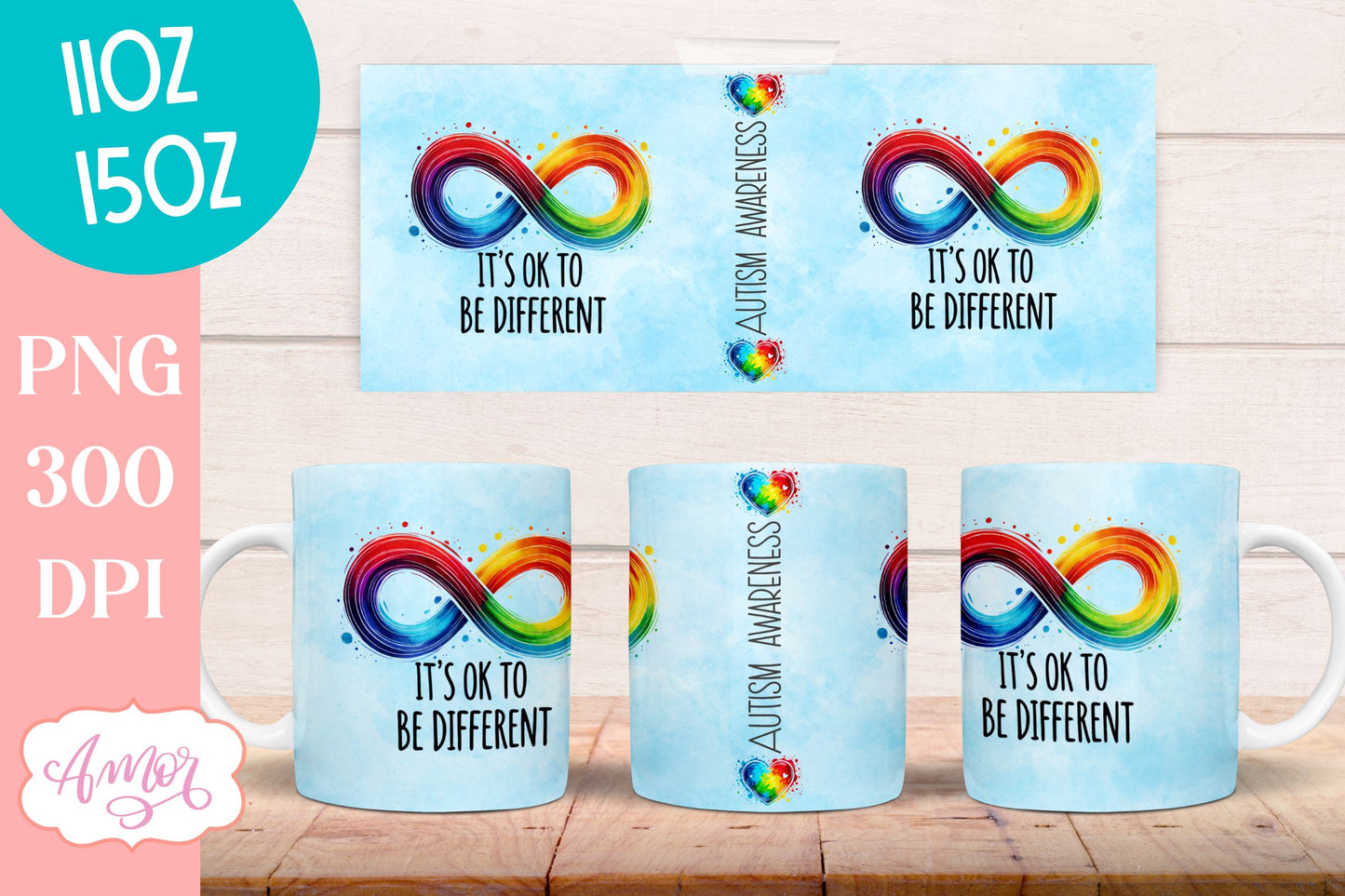 Autism awareness mug wrap | Its ok to be different mug PNG